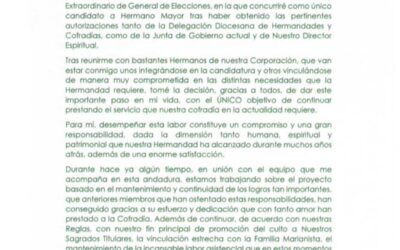 Carta de Manuel Báez Candidato a Hermano Mayor de nuestra Hermandad