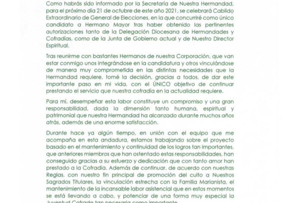 Carta de Manuel Báez Candidato a Hermano Mayor de nuestra Hermandad