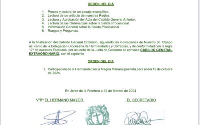 Hoy lunes 4 de marzo a las 20.00 horas Cabildo de Salida y Extraordinario para participar en la Magna Mariana