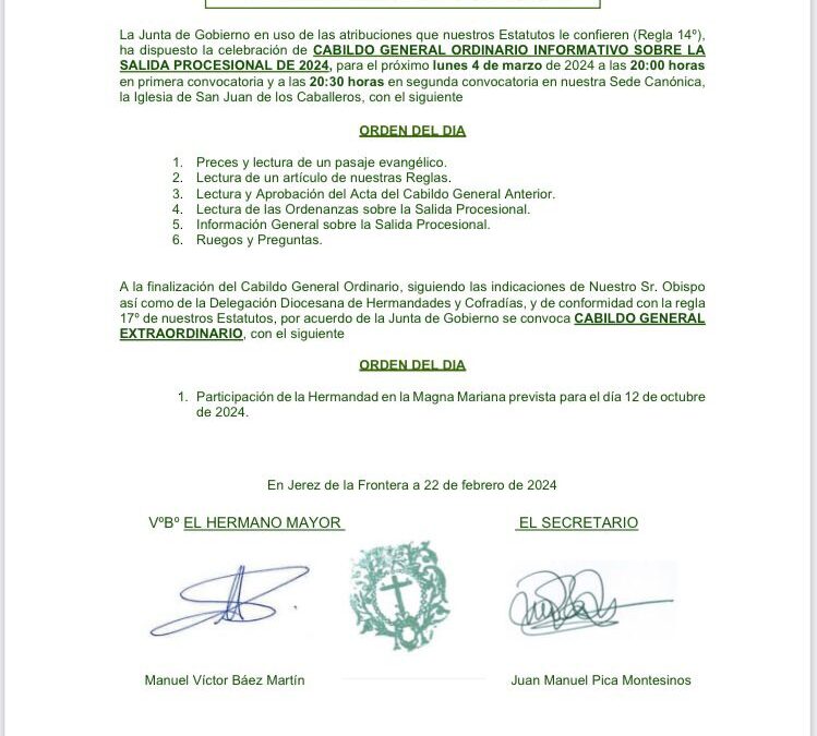 El lunes 4 de marzo Cabildo de Salida y Extraordinario para la participación en la Magna Mariana