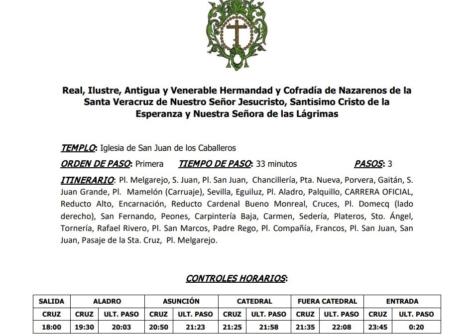Horarios oficiales de nuestra Hermandad para el Jueves Santo