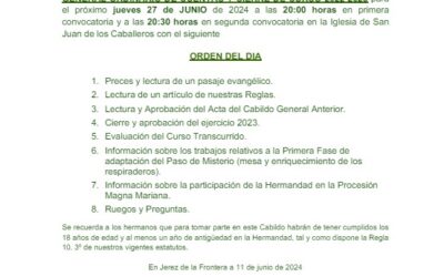 Hoy jueves 27 de junio Cabildo Ordinario de Cierre de Curso en San Juan de los Caballeros