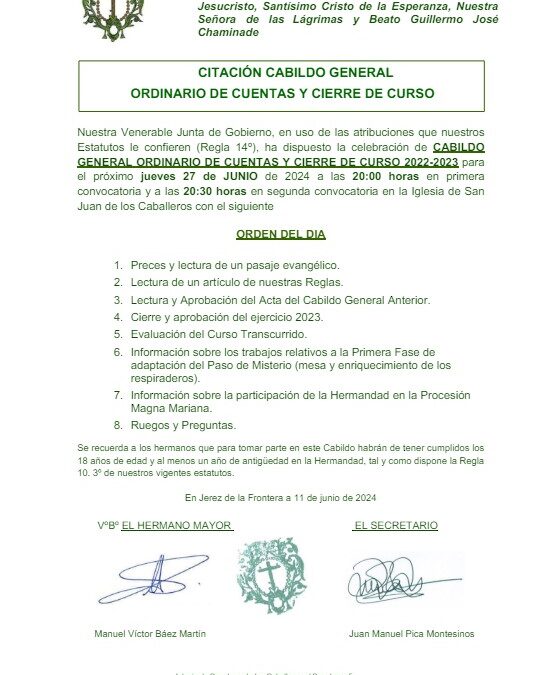 Hoy jueves 27 de junio Cabildo Ordinario de Cierre de Curso en San Juan de los Caballeros
