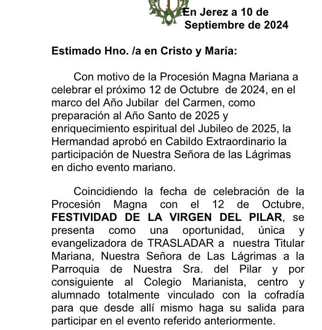 Comunicado de la Diputación Mayor de Gobierno en torno a la Magna Mariana