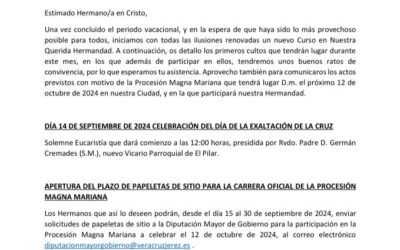Comunicación de la Hermandad sobre los próximos actos hasta la Magna