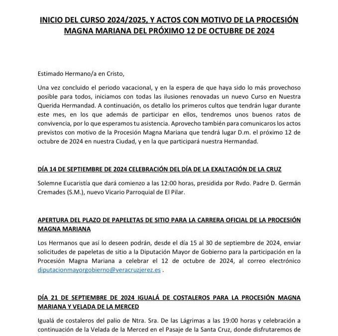Comunicación de la Hermandad sobre los próximos actos hasta la Magna