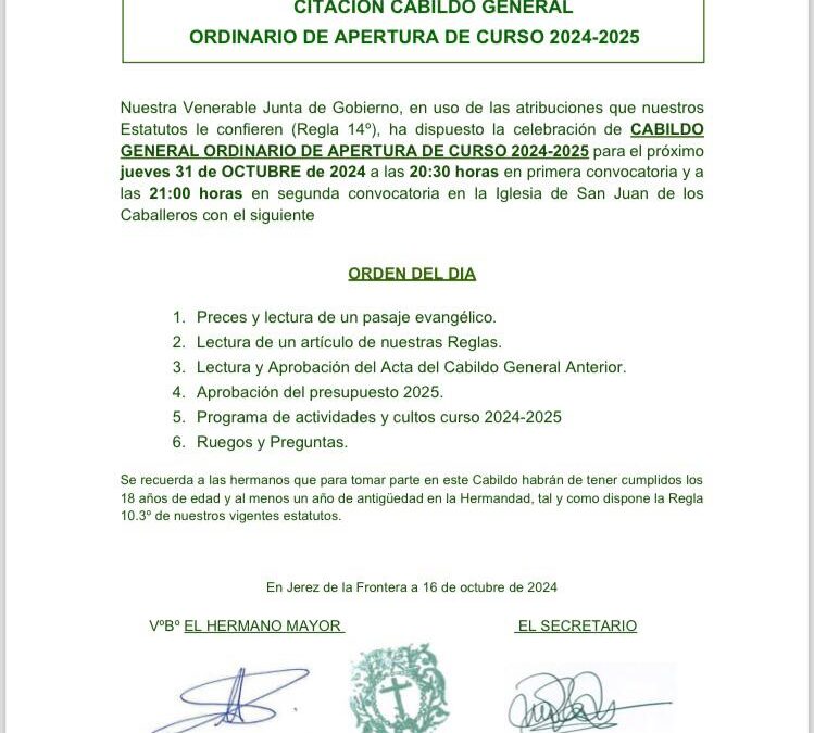 Hoy jueves Cabildo ordinario de apertura de curso