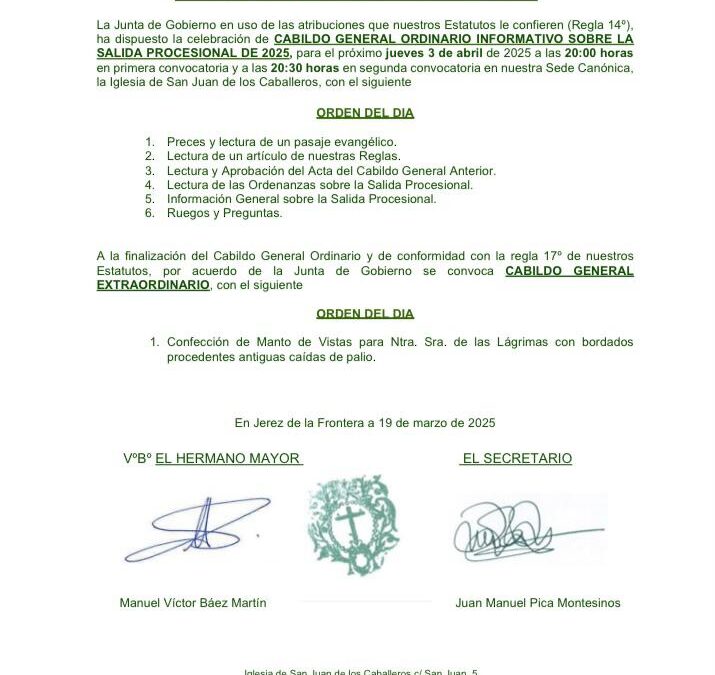 Hoy jueves 3 de abril tenemos Cabildo ordinario de salida y Cabildo extraordinario a las 20.00 horas