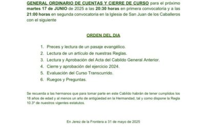 El martes 17 de junio será el Cabildo de Cierre de Curso de la Hermandad
