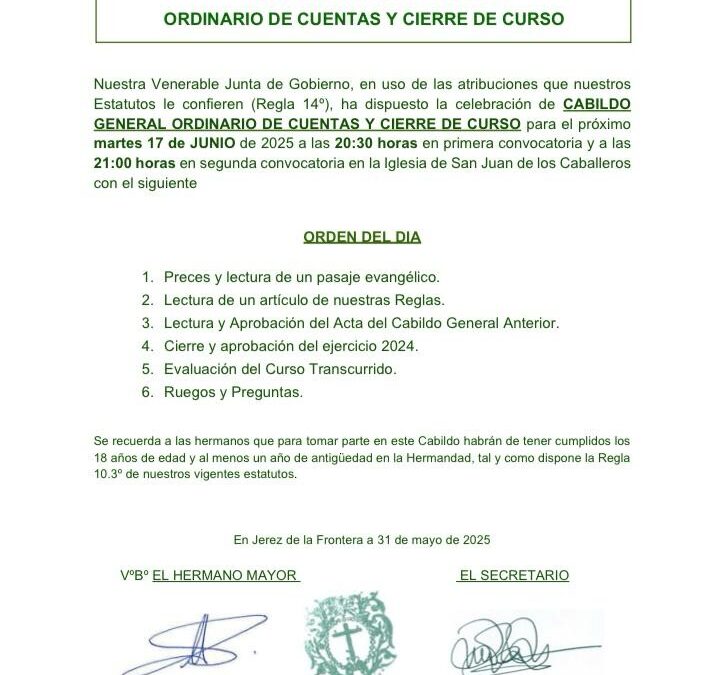 Hoy martes 17 de junio será el Cabildo de Cierre de Curso de la Hermandad