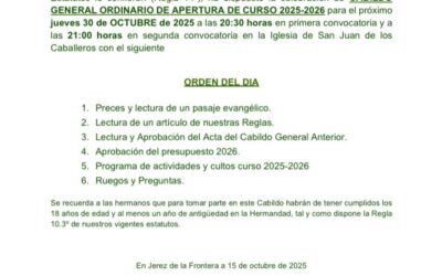 El próximo 30 de octubre Cabildo de Apertura de Curso a las 20.30 horas