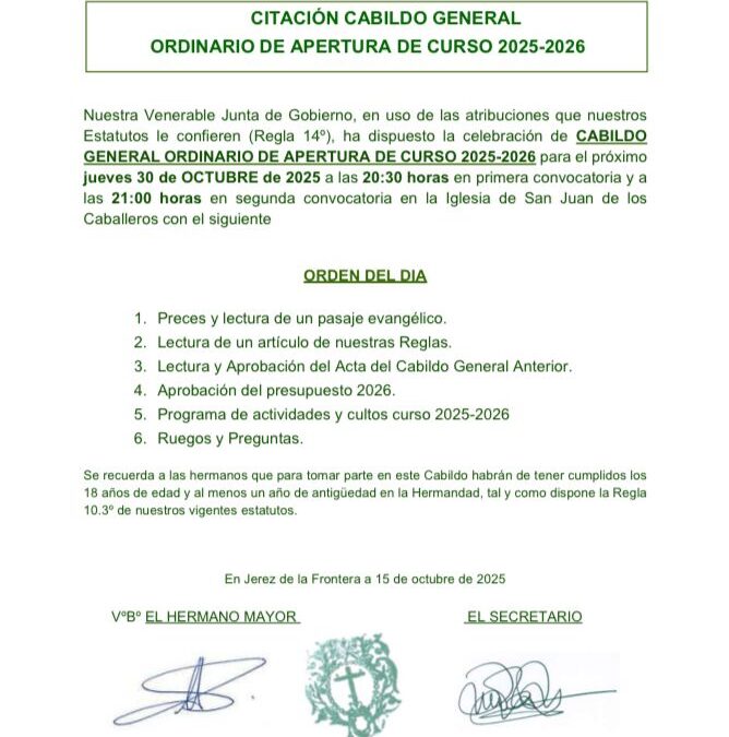 Hoy jueves 30 de octubre Cabildo de Apertura de Curso tras los Cultos semanales de la Hermandad