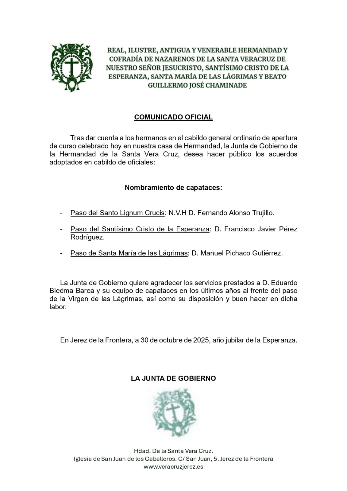 Foto Comunicado Oficial Capataces 30-10-25