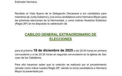 El jueves 18 de diciembre Cabildo de Elecciones en la Hermandad a las 20.00 horas