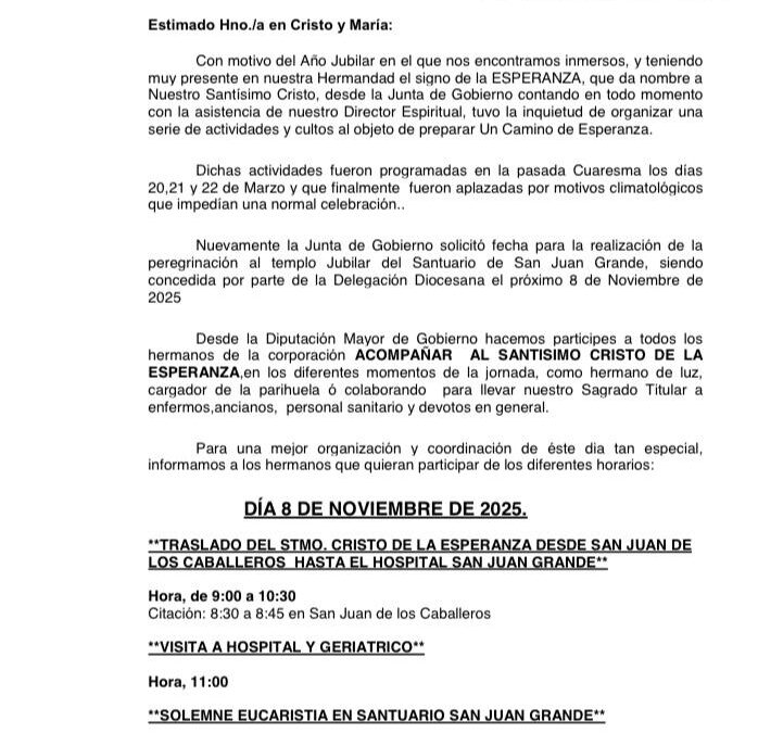 Comunicado del Diputado Mayor de Gobierno a todos los hermanos sobre la Peregrinación al Santuario de San Juan Grande
