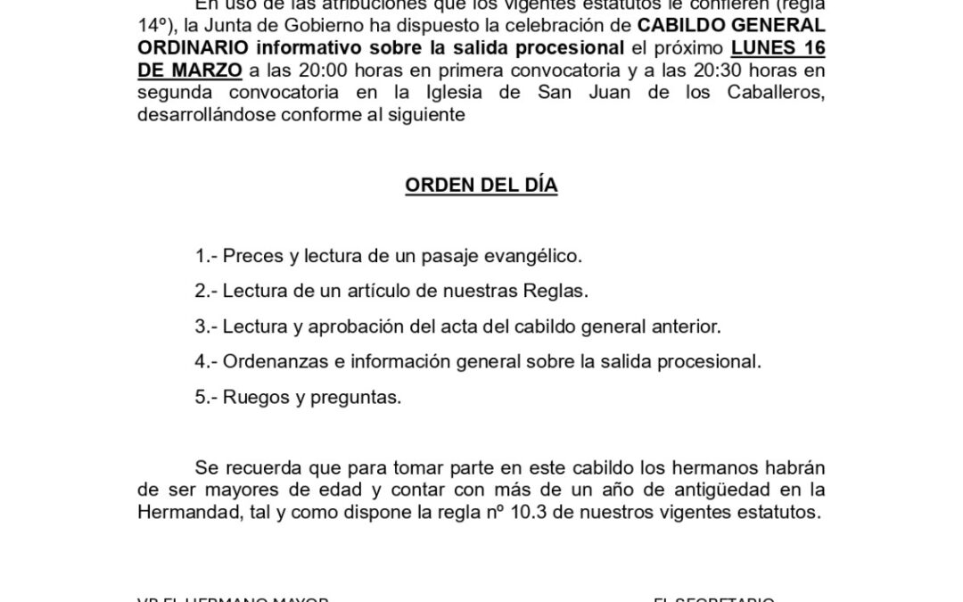 El próximo 16 de marzo Cabildo de Salida en San Juan